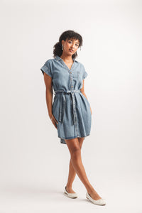 Short Sleeve Denim Shirt Dress with Tie Belt