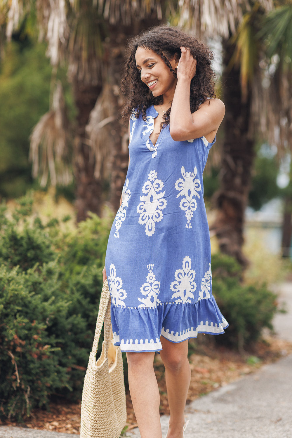 Ikat Look Shift Dress with Lace Inset