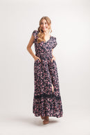Floral Short Sleeve Button Front Maxi Dress W Lace