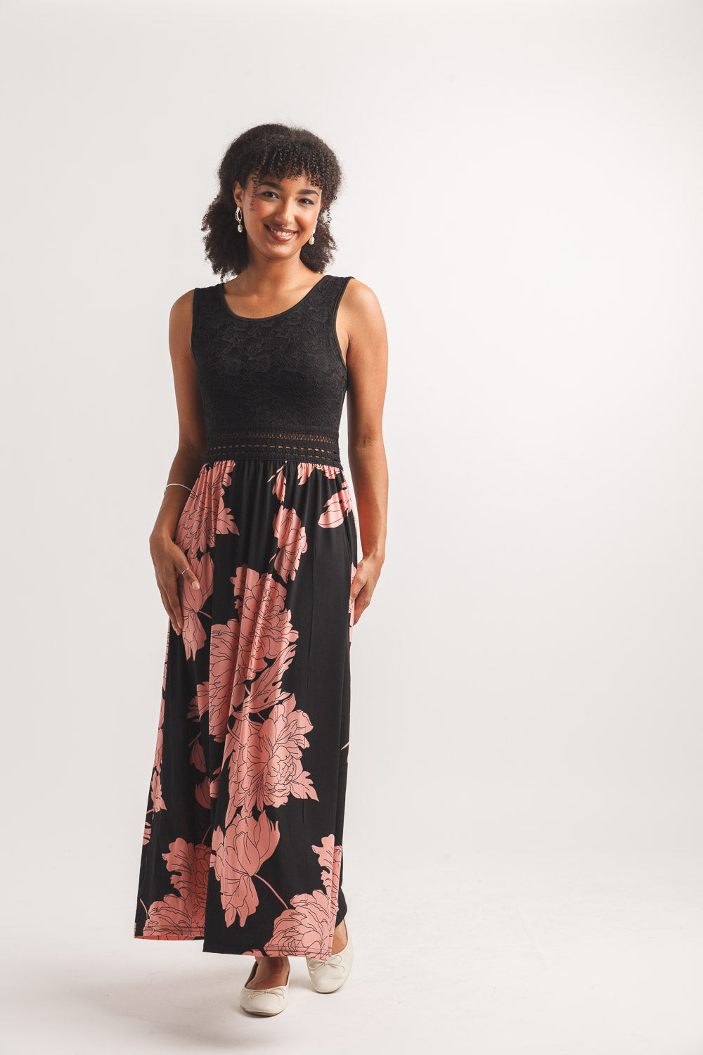 Floral Stretch Maxi Dress With Lace Top