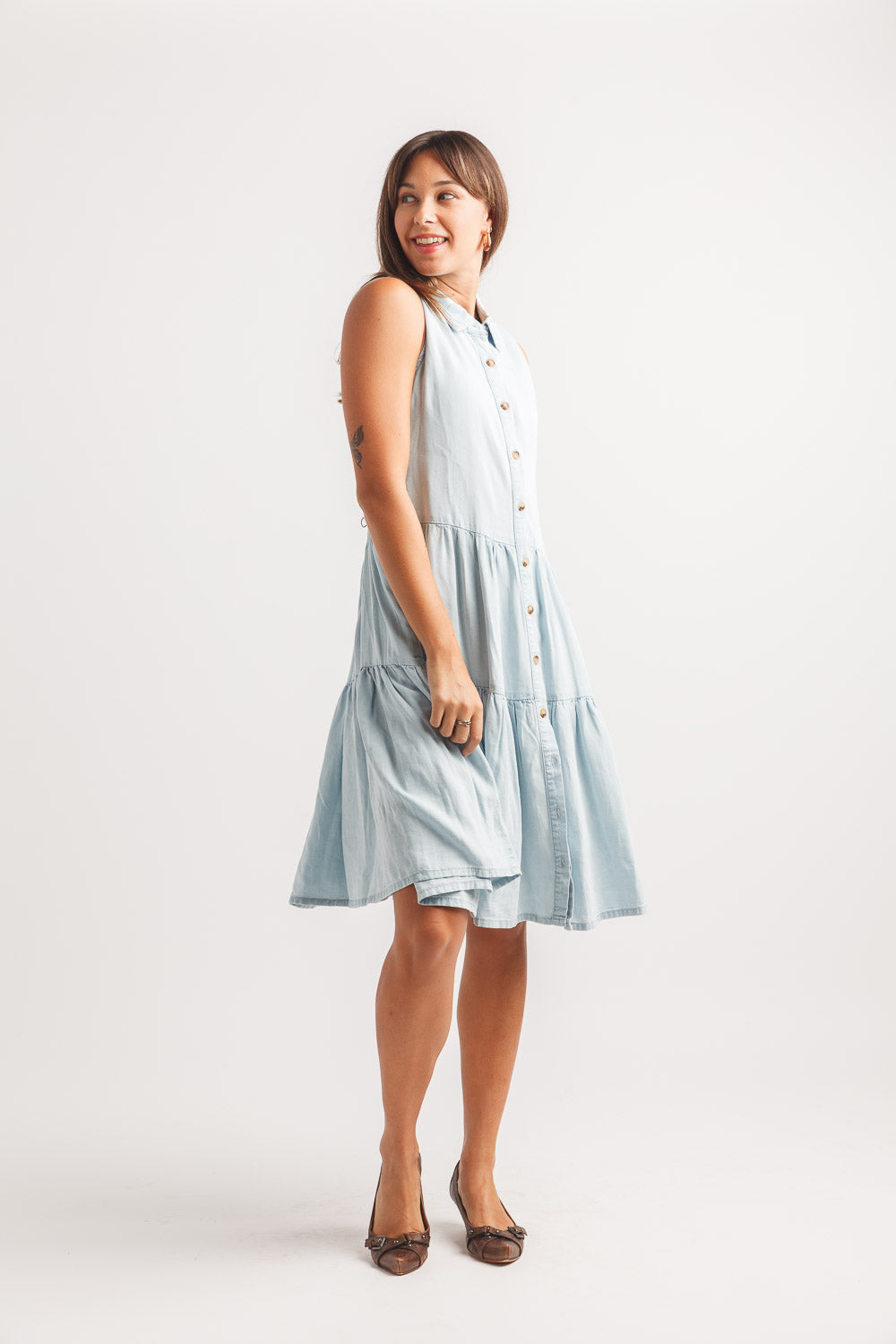 Tiered Button Front Dress With Pockets