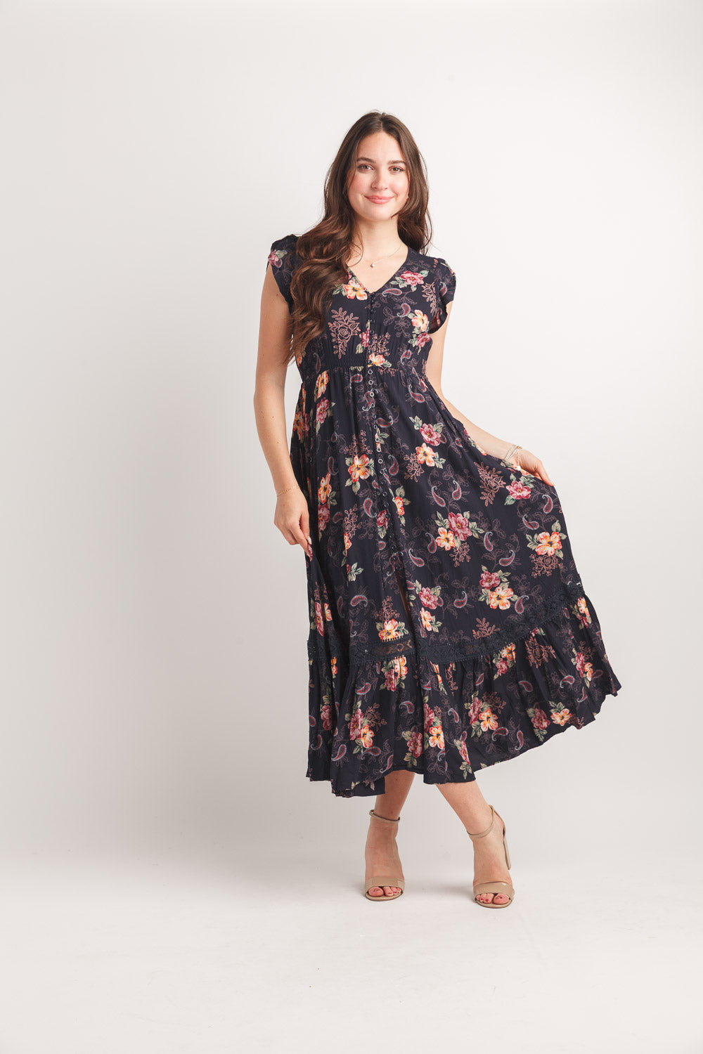 Floral Short Sleeve Button Front Maxi Dress