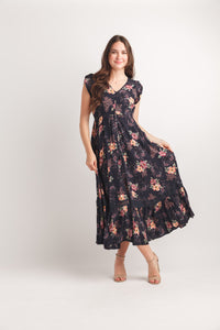 Floral Short Sleeve Button Front Maxi Dress