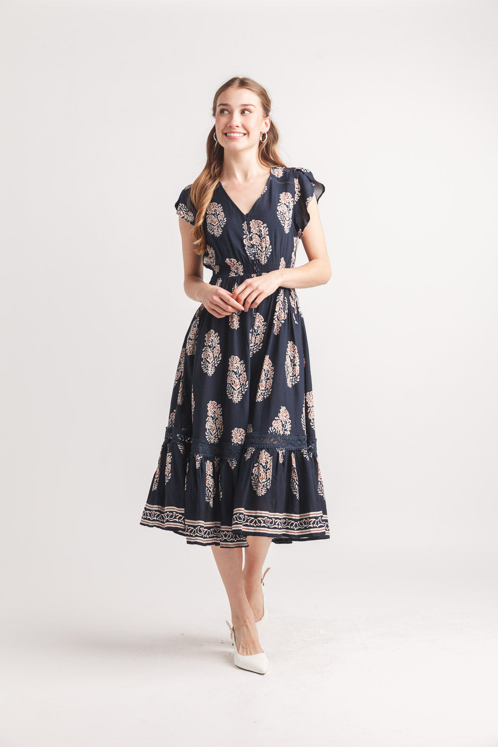 Floral Short Sleeve Elastic Waist Midi Dress