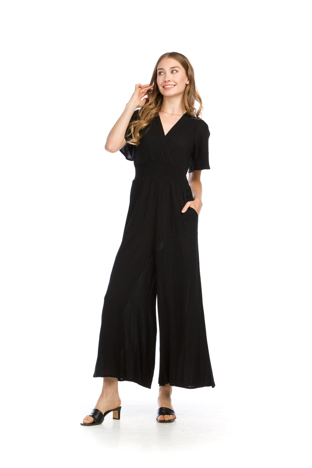 PP-16844 - CRINKLE SHORT SLEEVE JUMPSUIT WITH ELASTIC WAIST AND POCKETS