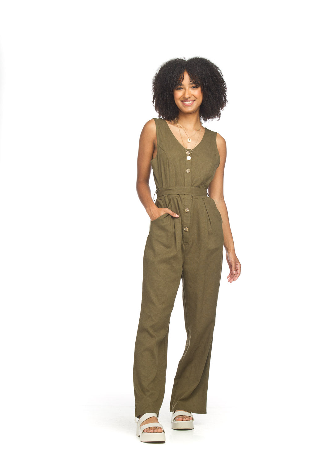 Sleeveless Button Front Jumpsuit