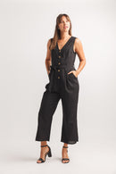Sleeveless Button Front Jumpsuit With Pkt