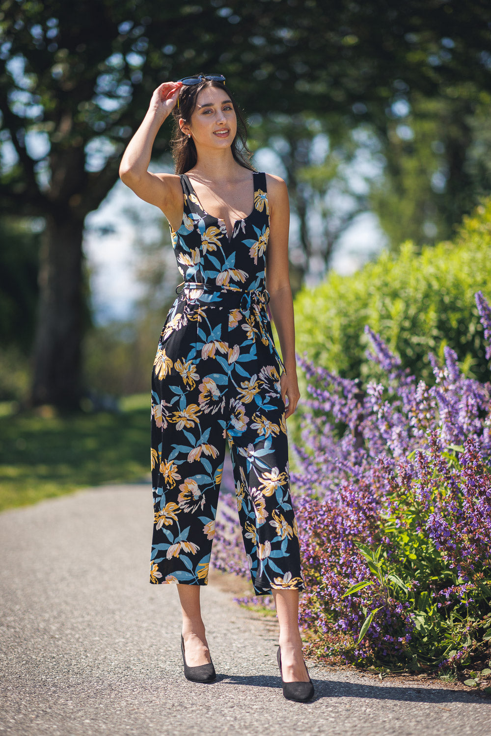 Floral Stretch Jumpsuit with V-Boning & Pockets