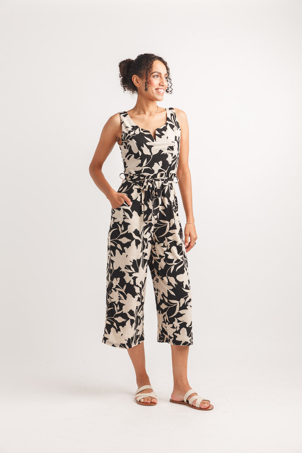 Floral Stretch Jumpsuit with V-Boning