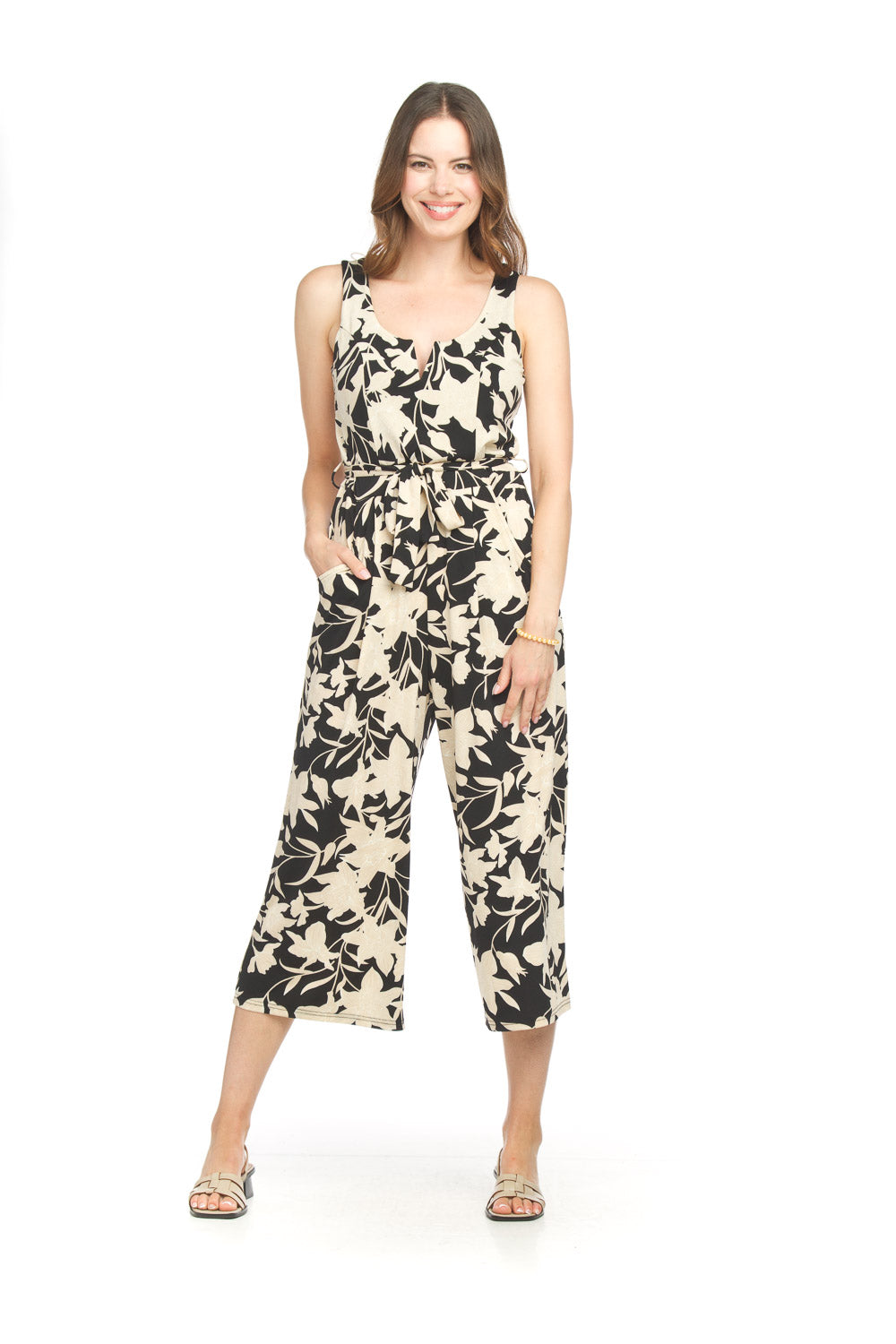 Floral Stretch Jumpsuit With V Bonning And Pockets