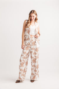 Palm Print Wide Leg Pants With Elastic Back