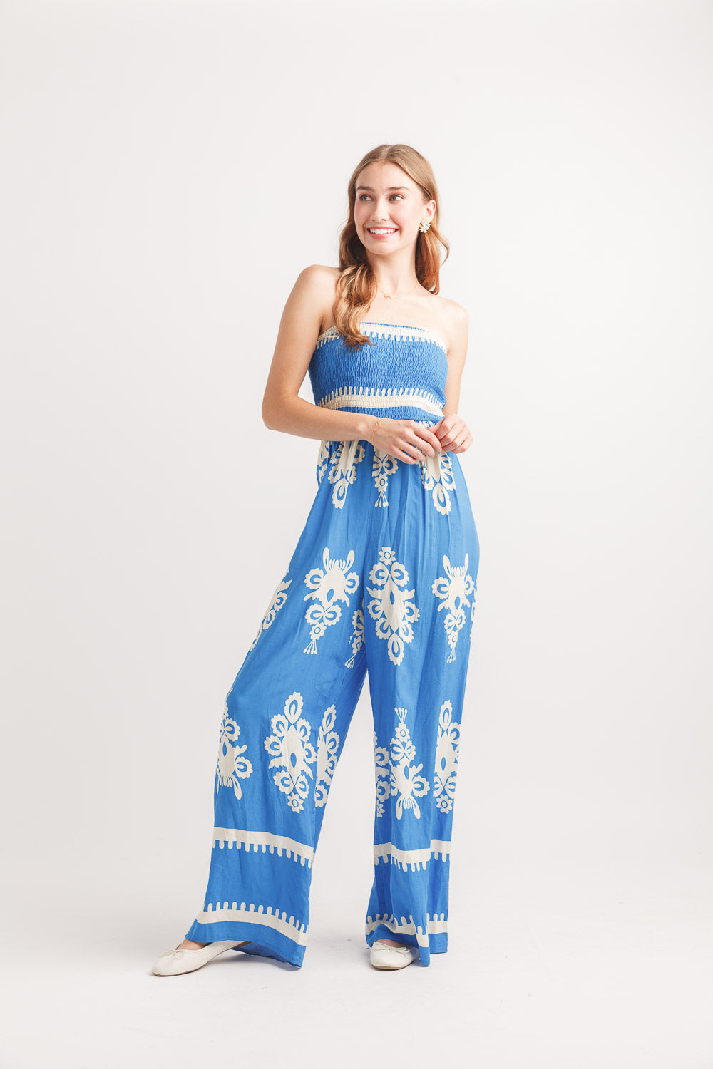Ikat Look Smocked Strapless Jumpsuit