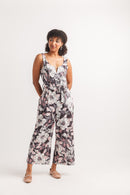 Floral Print Stretch Jumpsuit with V Boning