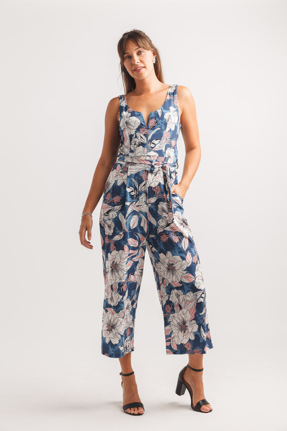 Floral Print Stretch Jumpsuit with V Boning