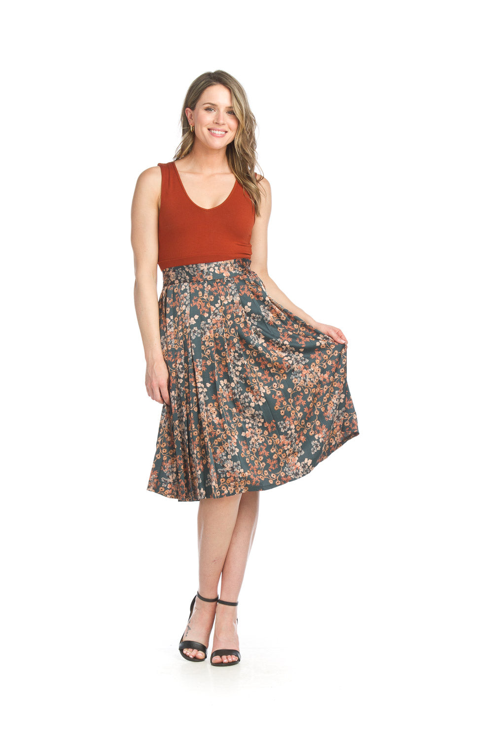 PS-15908 Floral Satin Box Pleated Skirt with Side Button Detail