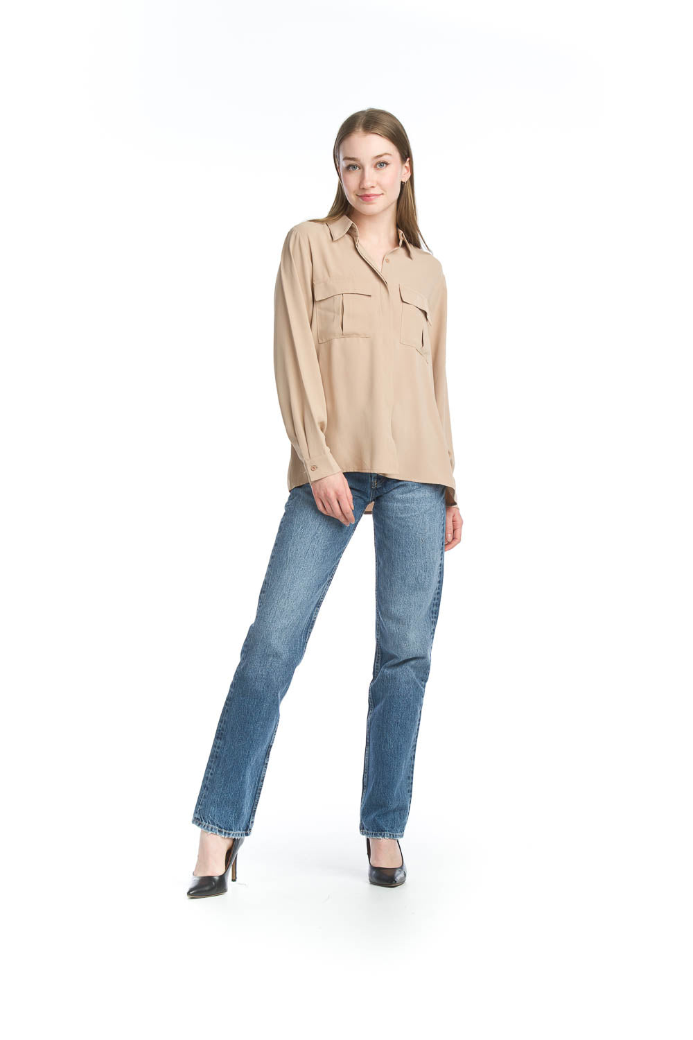 PT-11048 - Collared Button Front Blouse with Pockets