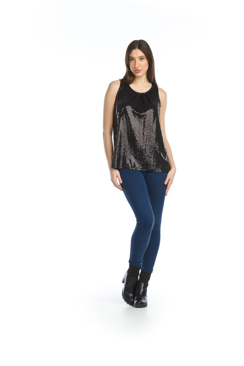 PT-13003 - Black - Sequin Pleated Stretch Top