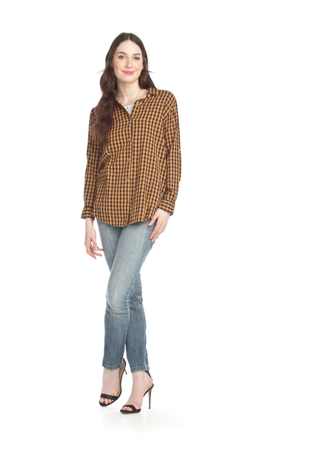 PT-13024 - Gingham Tunic with Tab Sleeves