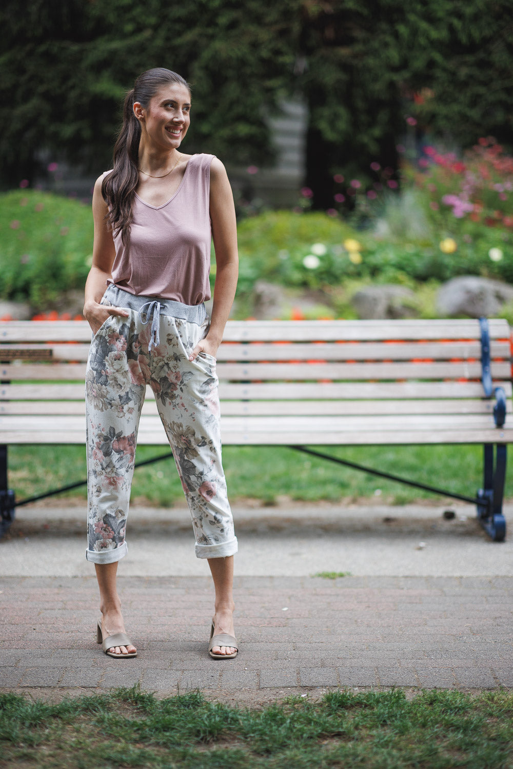 PP-16826 - FLORAL STRETCH COTTON BLEND PANTS WITH ELASTIC WAISTBAND