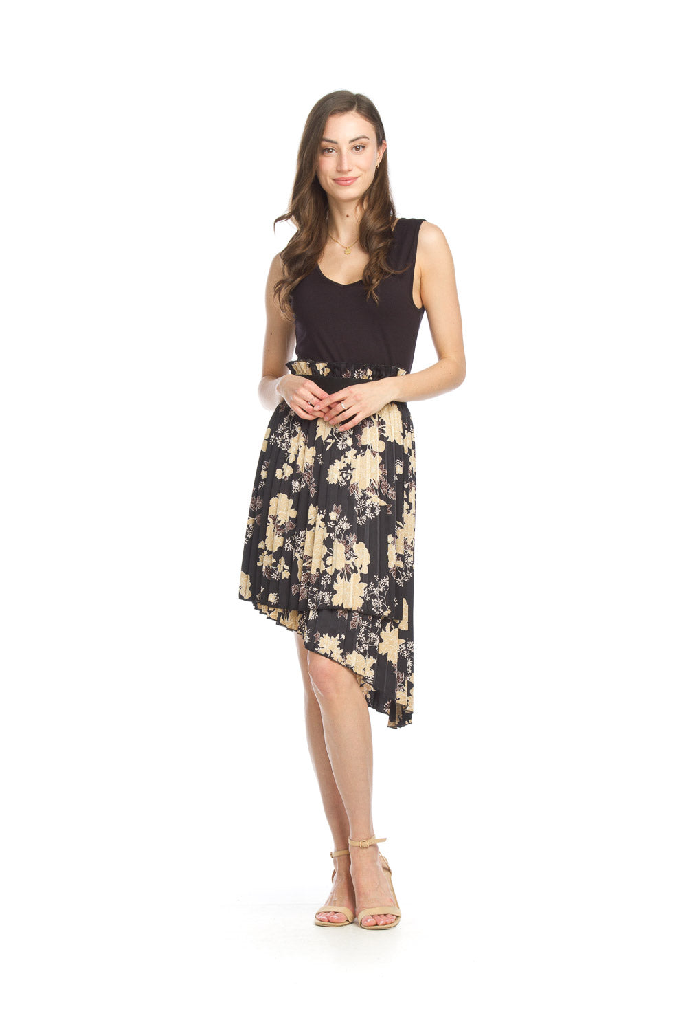 PS-15909 Floral Satin Pleated Asymetrical Skirt