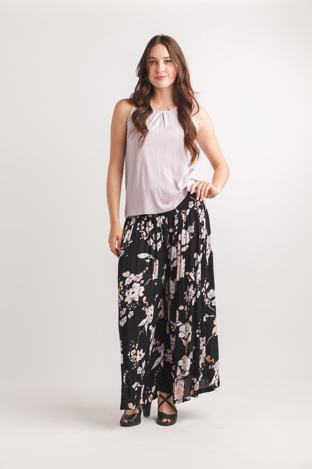 Crinkled Floral Print Wide Leg Pants with Wide Elastic Waistband