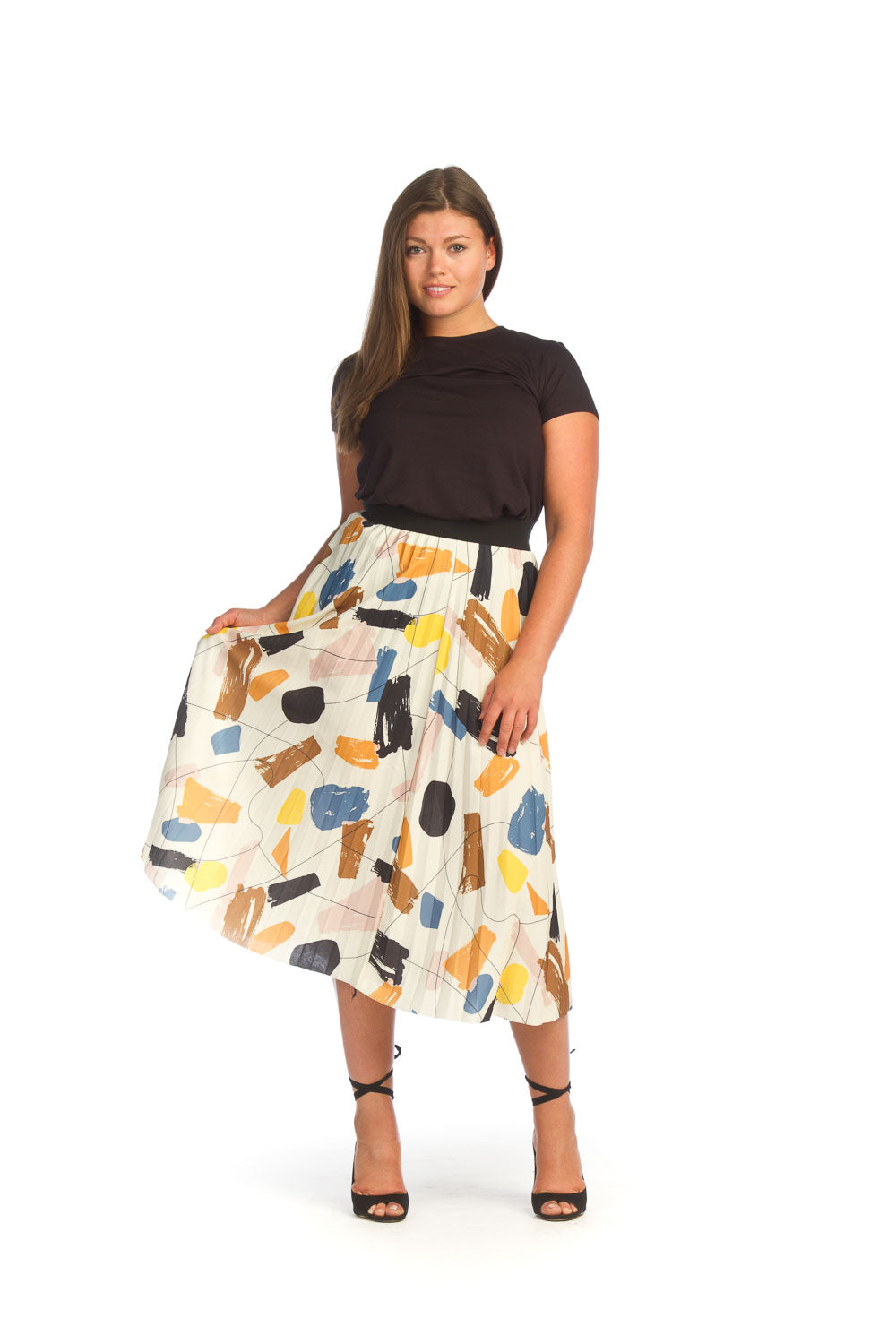 PS-14913 - ABSTRACT PLEATED SKIRT WITH ELASTIC WAIST