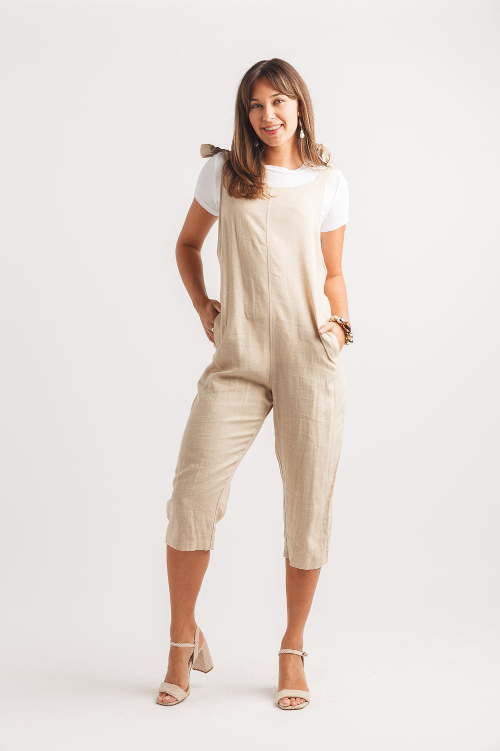 Cotton Blend Jumpsuit With Adjustable Tie Straps