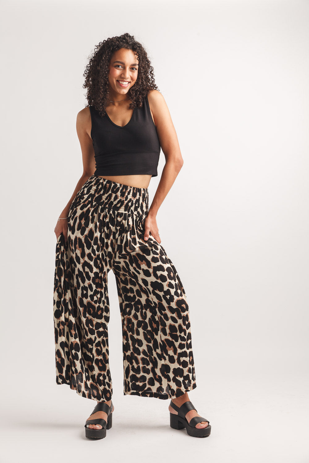 Leopard Print Wide Leg Pants with Wide Elastic Waistband