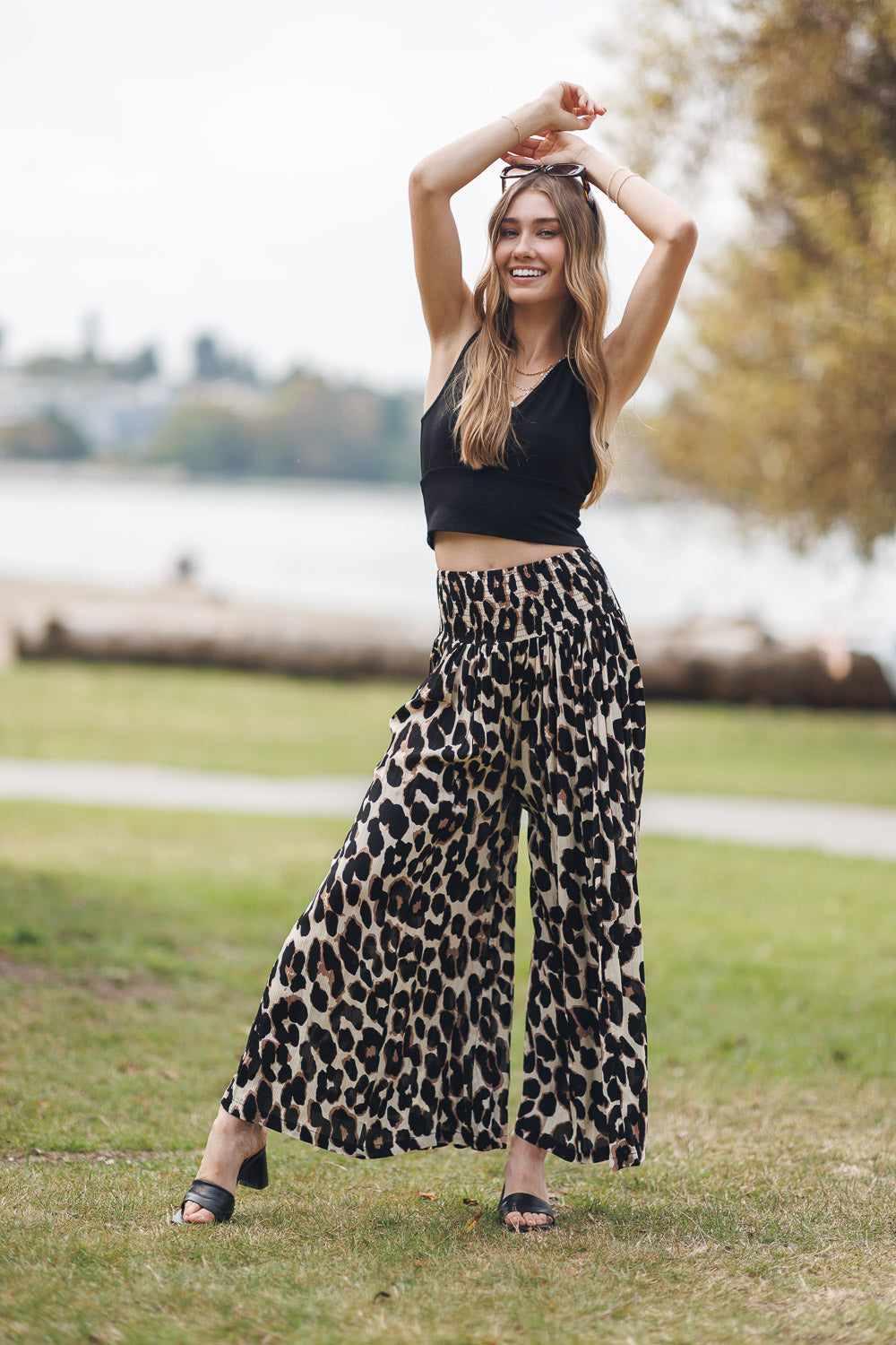 Leopard Print Wide Leg Pants with Wide Elastic Waistband