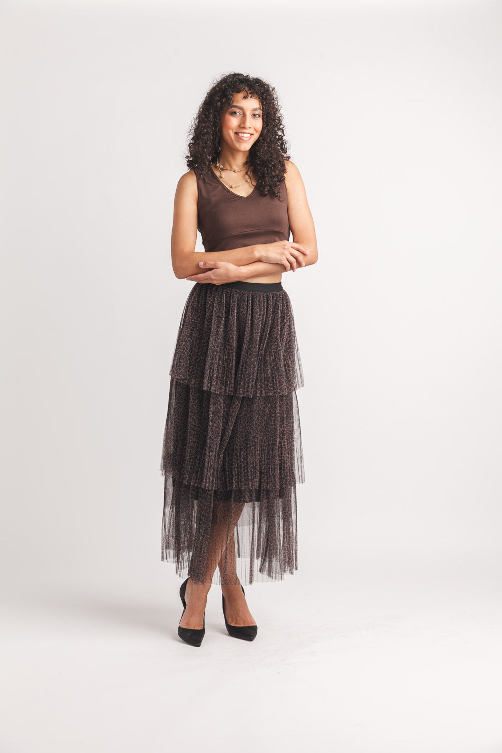 Leopard Print Pleated Tiered Skirt with Elastic Waist