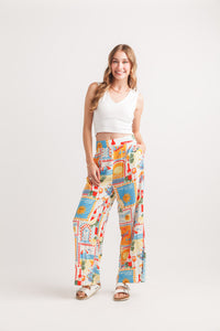Post Card Printed Wide Leg Pants With Elastic Back