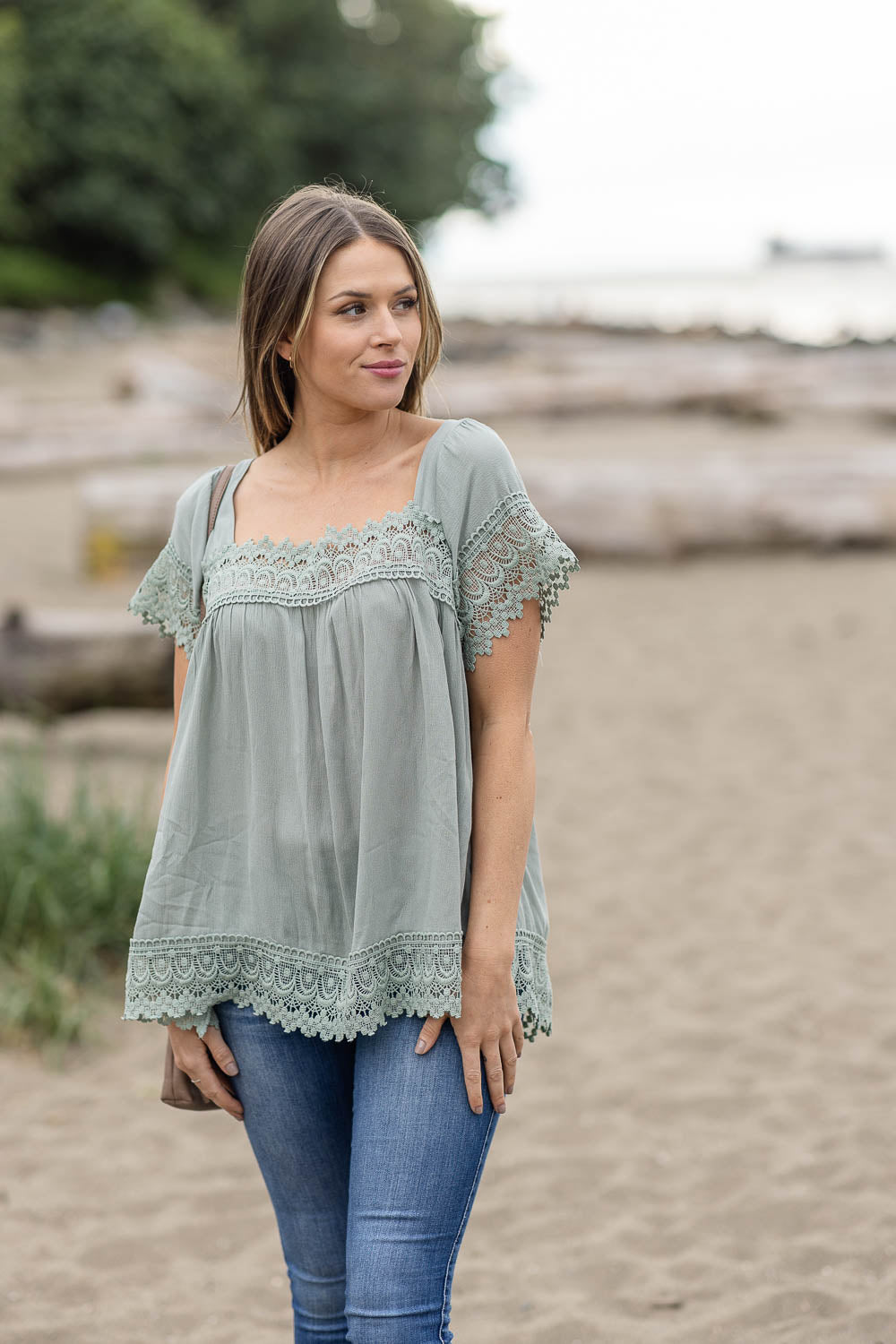 Crinkled Flowy Lace Detail Blouse