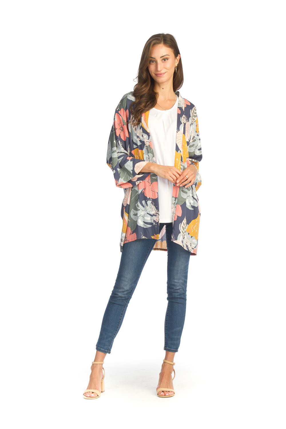 PT-14130 - FLORAL 3/4 SLEEVE COVERUP