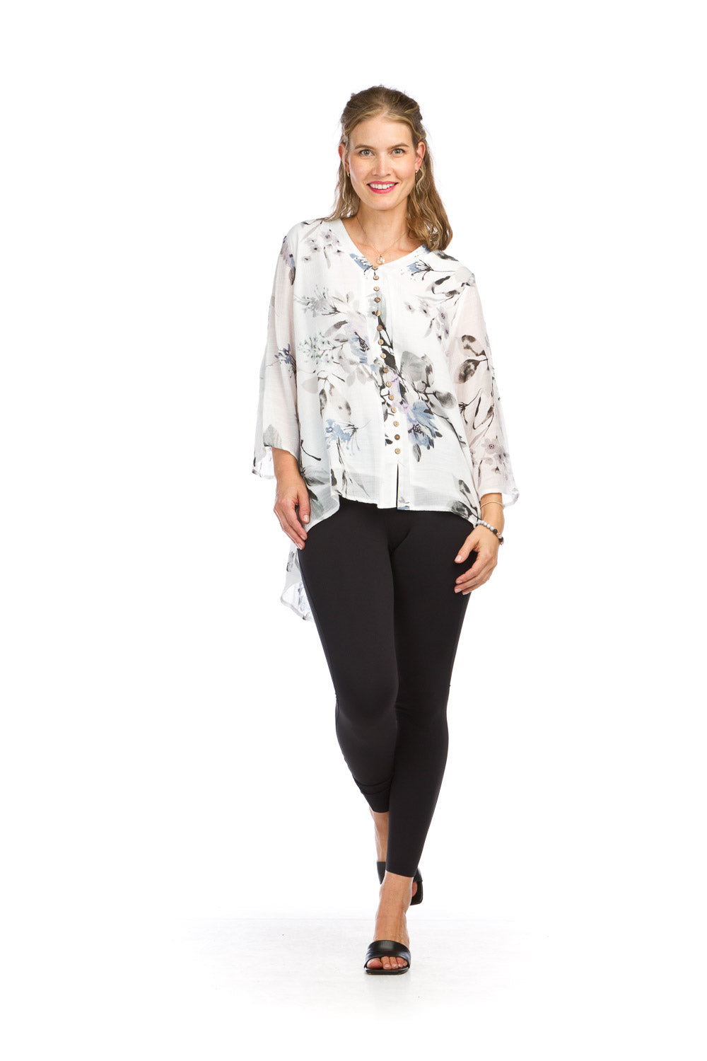 PT-14153 - FLORAL LAYERED TAB SLEEVE BLOUSE