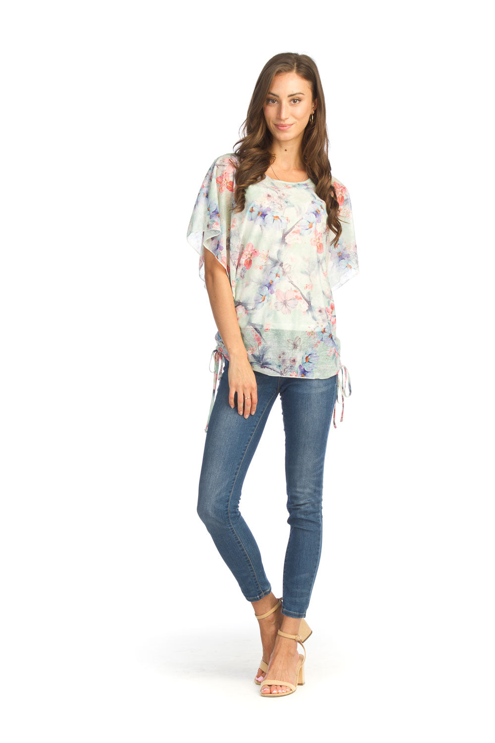 PT-14156- FLORAL OVERLAY BLOUSE WITH TIE SIDES