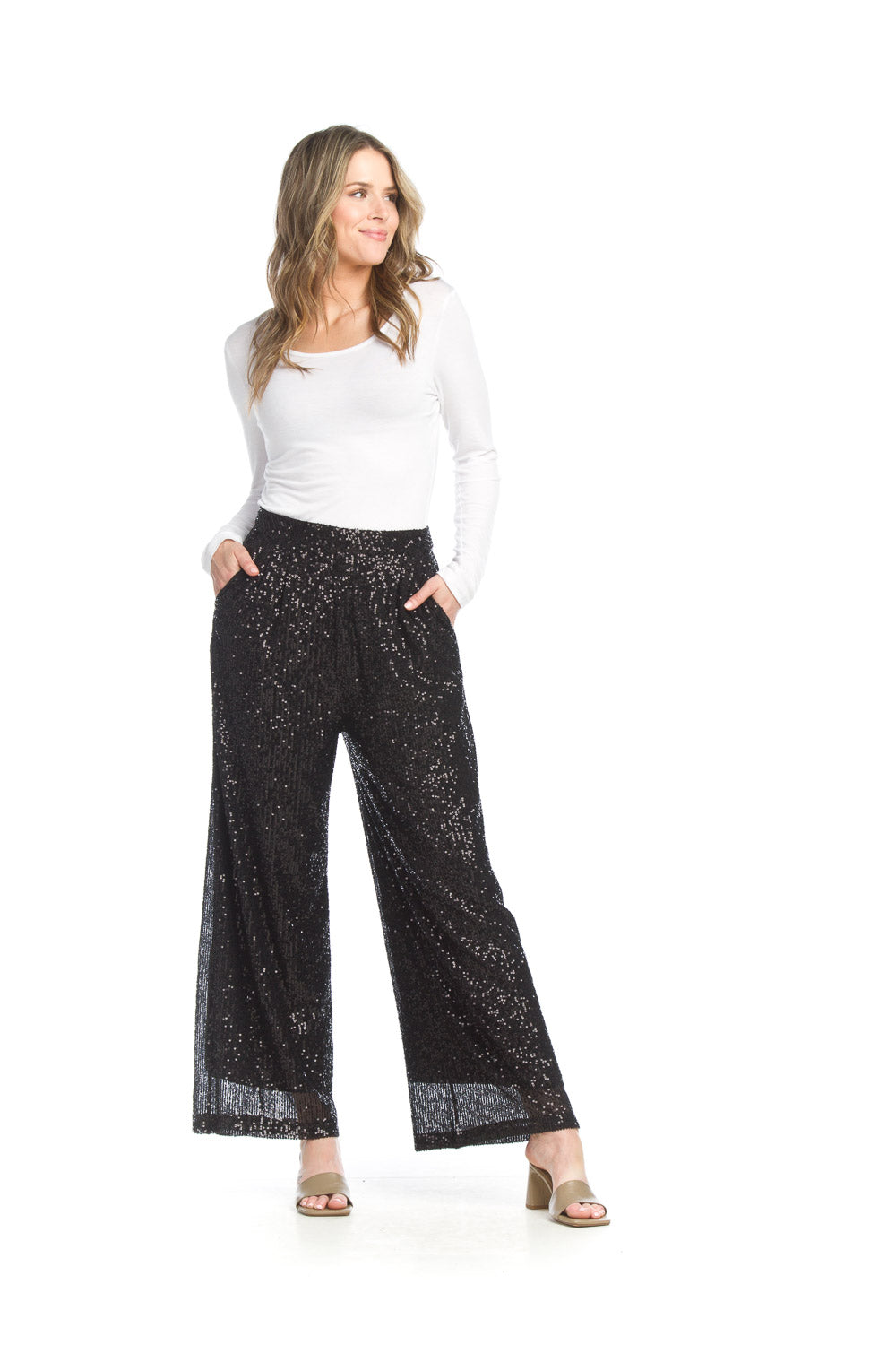PP-15803  SEQUIN WIDE LEG PANTS WITH SIDE ZIP