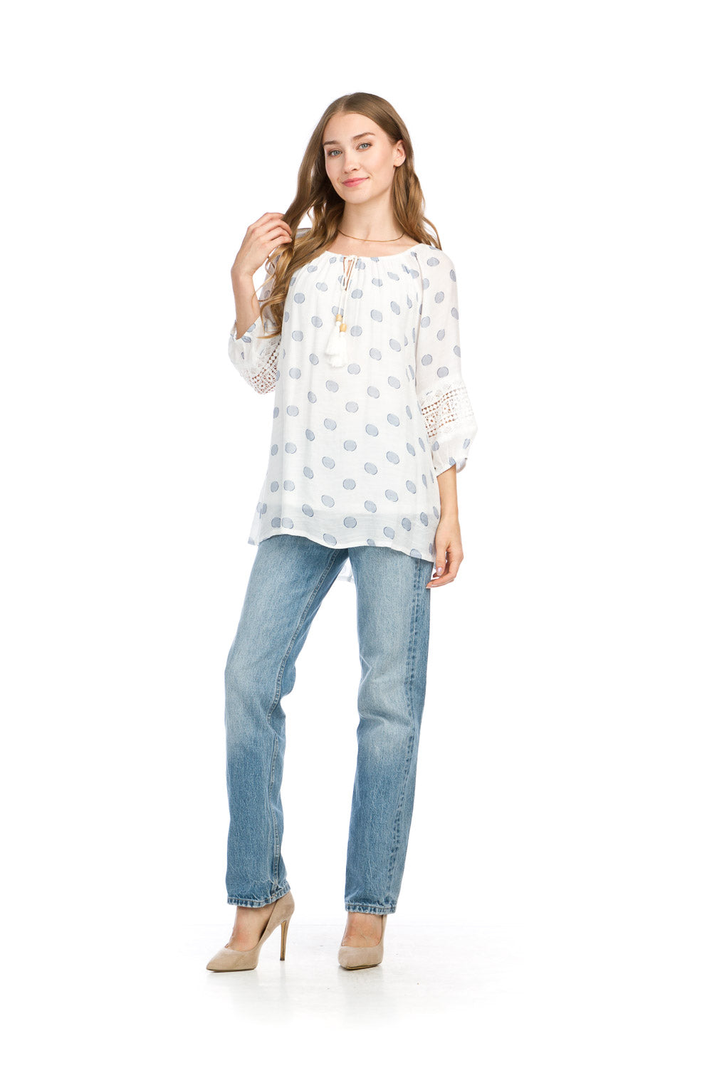 PT-16023 - POLKA DOT BLOUSE WITH LACE DETAIL