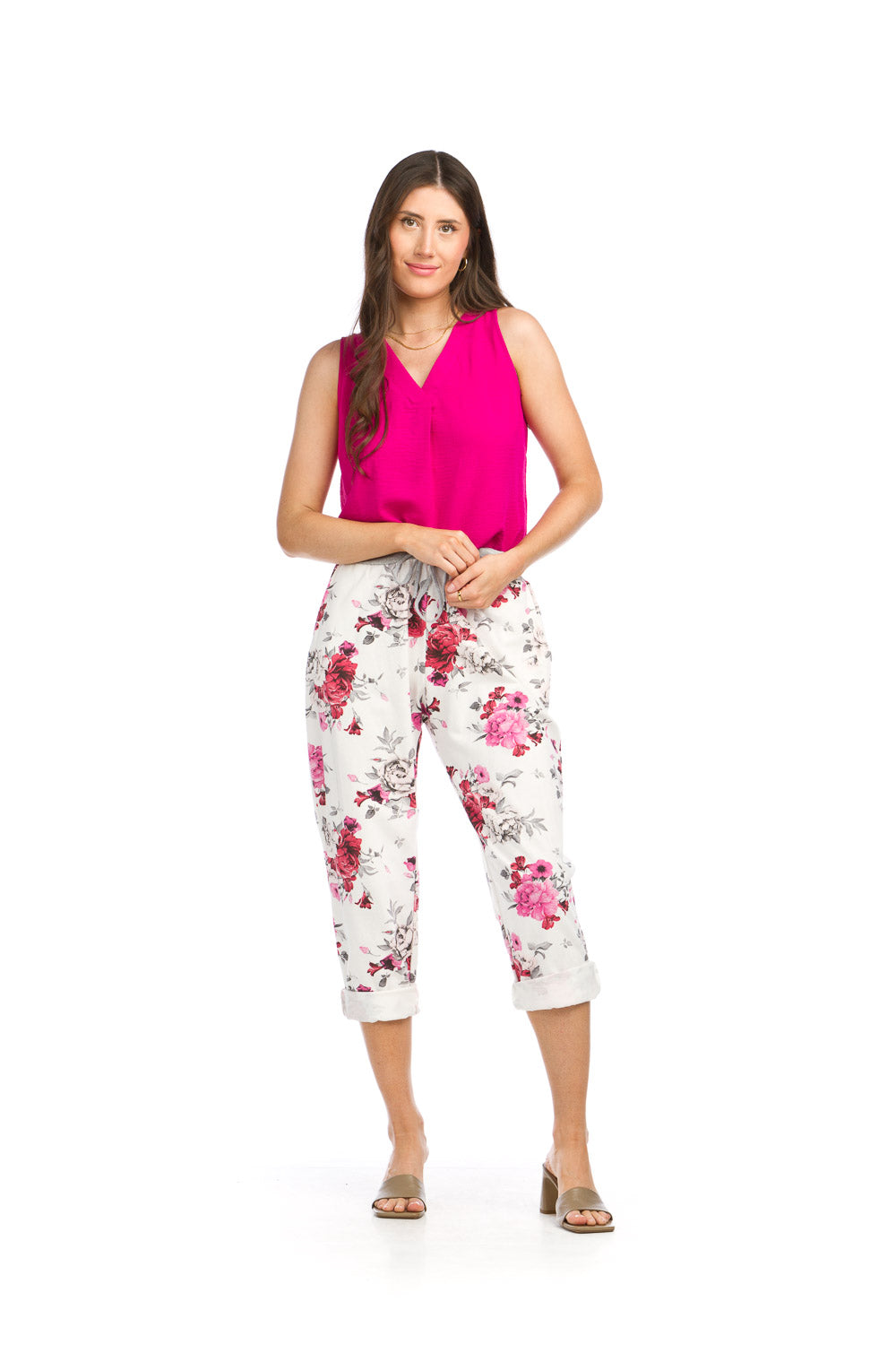 PP-16825 - FLORAL STRETCH COTTON BLEND PANTS WITH ELASTIC WAISTBAND