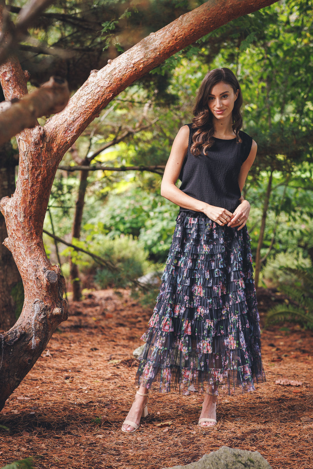 Tiered Floral Skirt With Elastic Waist