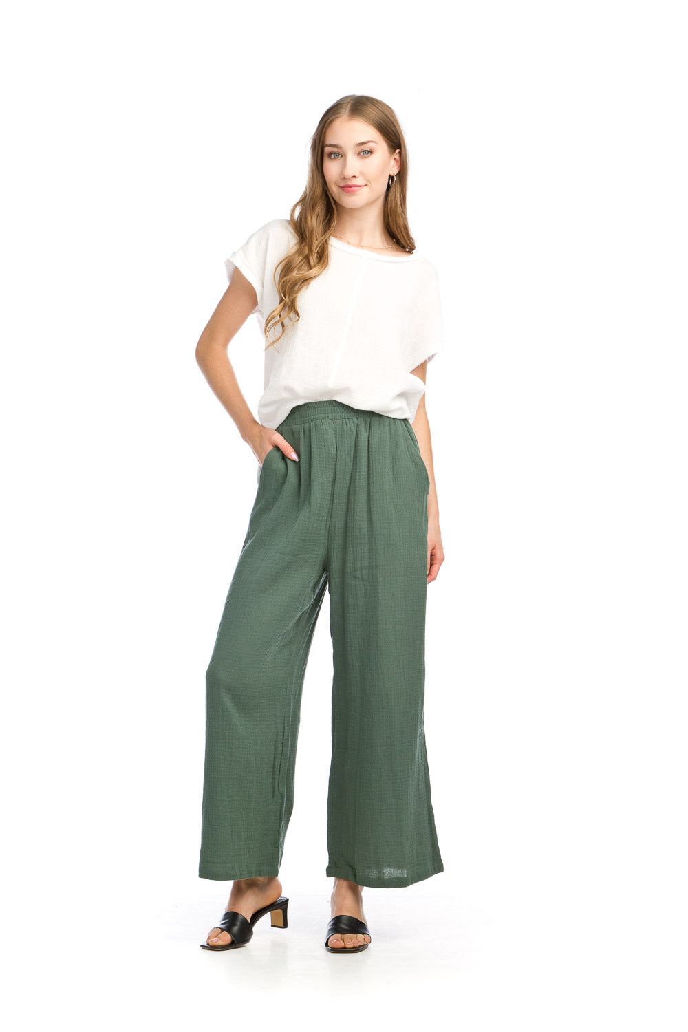 PP-14826 - COTTON GAUZE WIDE LEG PANTS WITH POCKETS AND ELASTIC BACK
