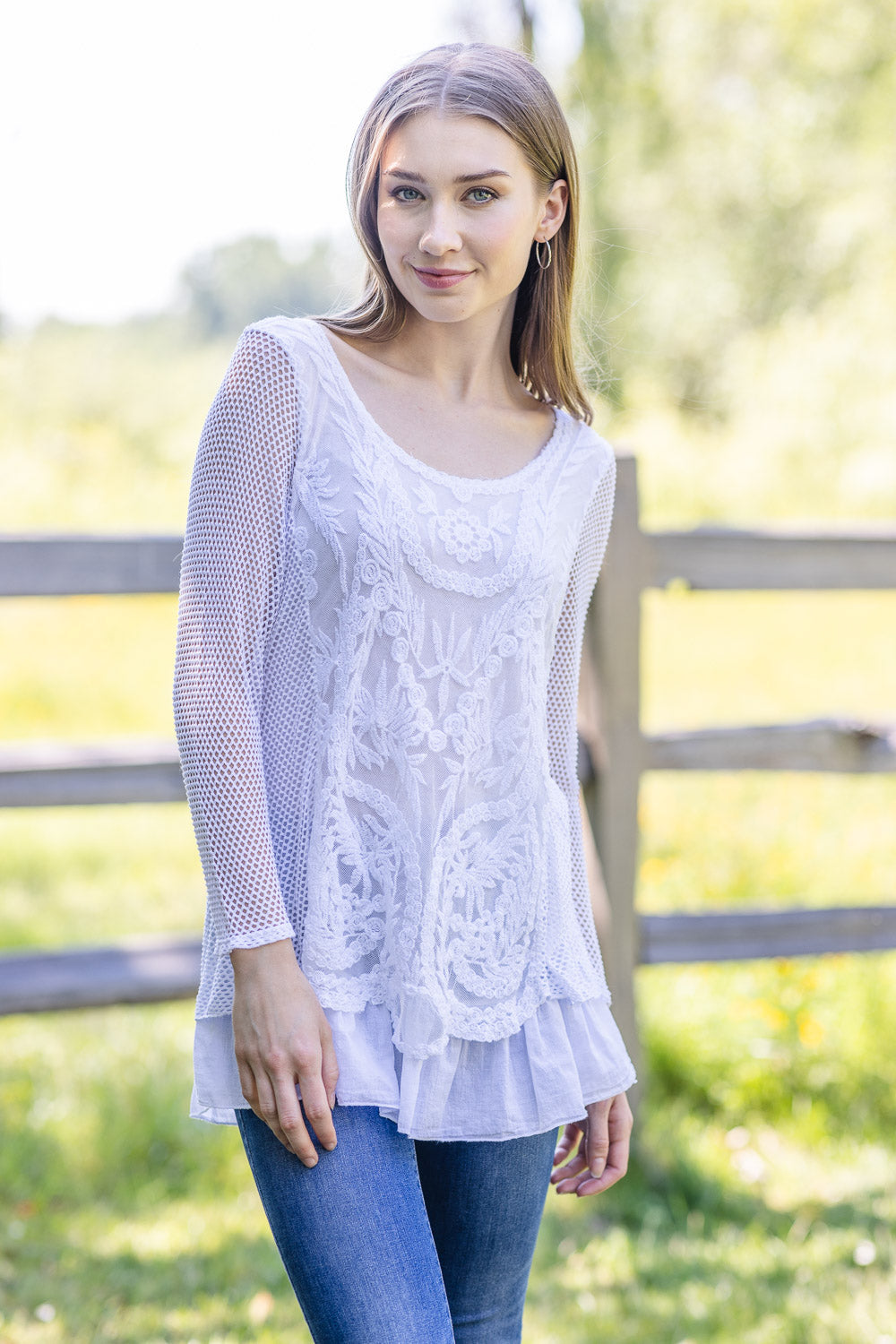 Long Sleeve Mesh Blouse With Embroidery