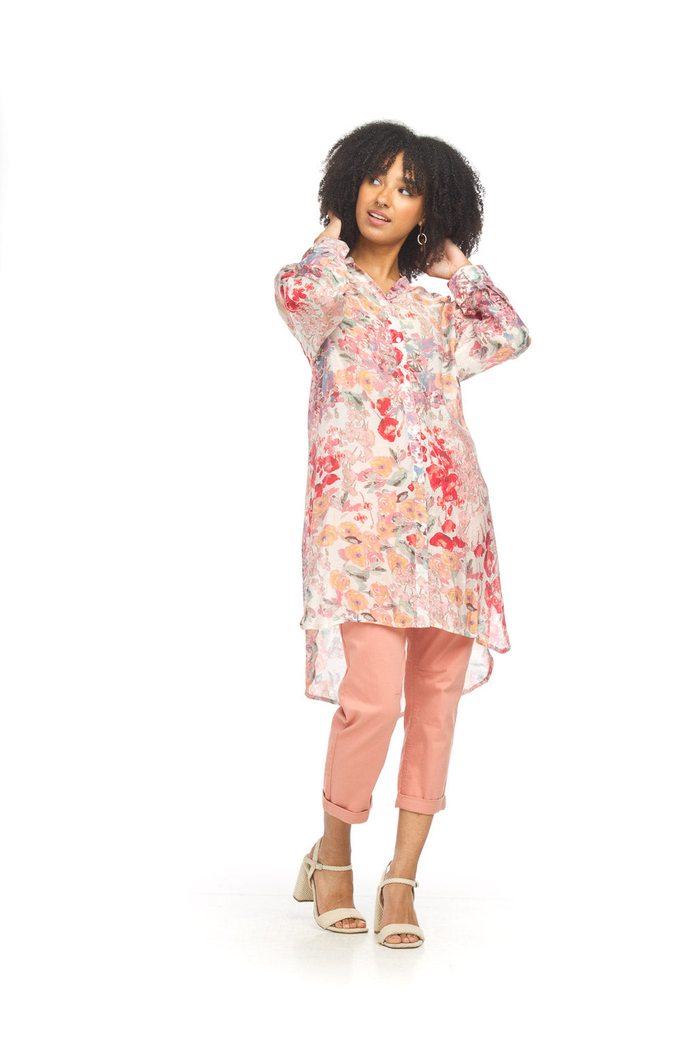 Floral Button-Front Tunic with Tab Sleeves