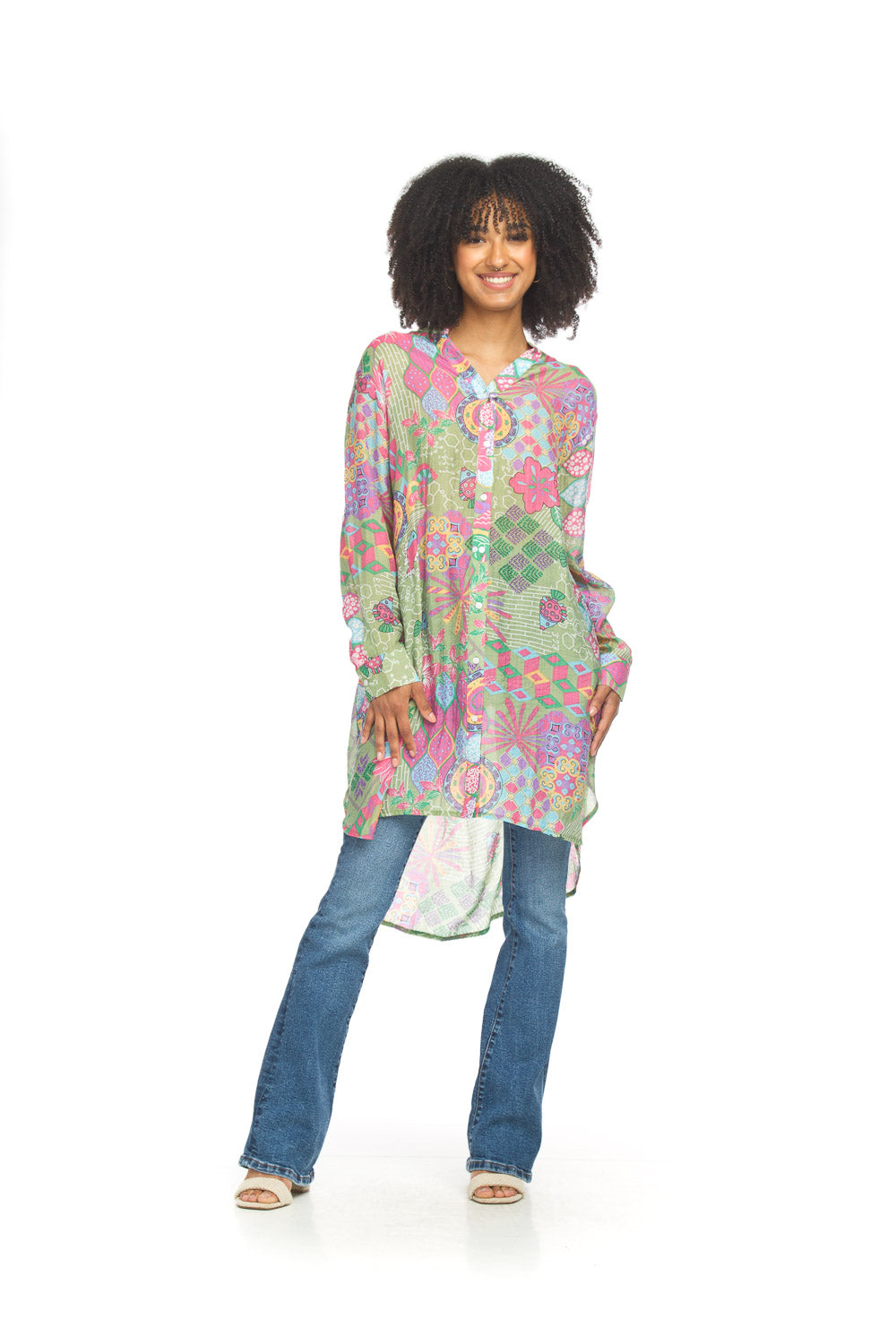 Abstract Button Front Tunic With Tab Slv