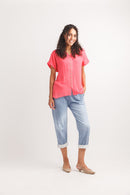 Short Sleeve Crinkle Button Front Blouse