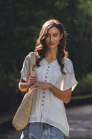 Short Sleeve Crinkle Button Front Blouse