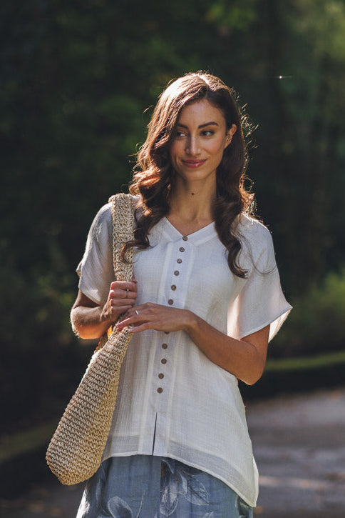 Short Sleeve Crinkle Button Front Blouse