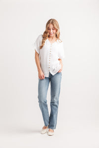 Short Sleeve Crinkle Button Front Blouse