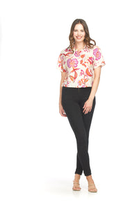 Textured Short Sleeve Floral Button Top