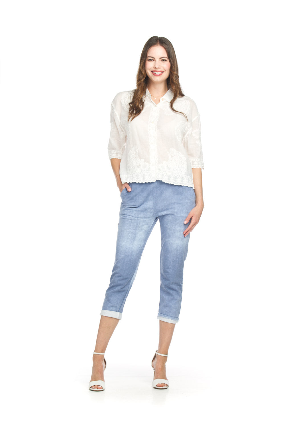 Stretch Cotton Blend Pants With Elastic Waist