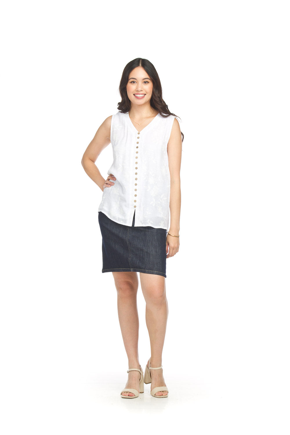 Embossed Crinkle Sleeveless Blouse With Button